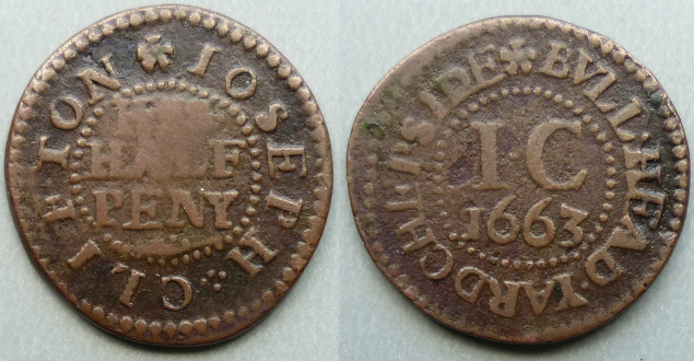 Bull Head Yard Cheapside, Joseph Clifton 1663 halfpenny